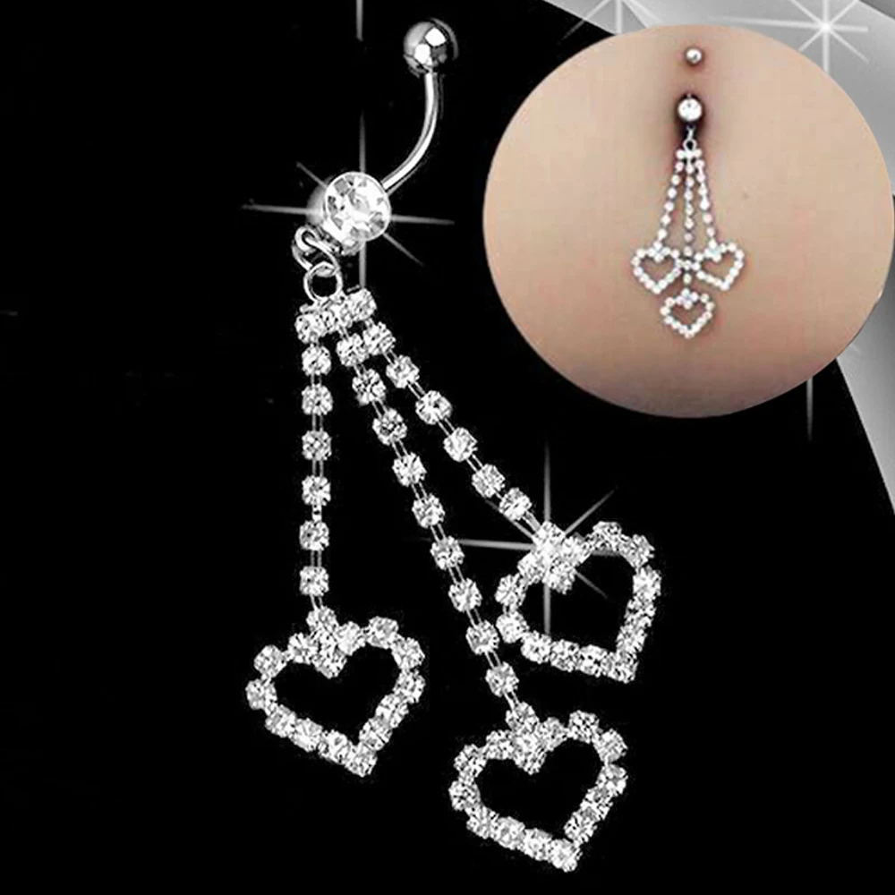 3 Love Hearts Belly Button Ring 14g Stainless CZ Navel Curved Barbell