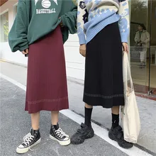 Длинные женские юбки джокер Вязание прямые плиссированные юбки высокой талии один темп