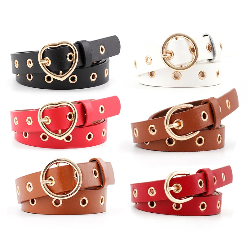 

New Fashion Women PU Leather Belts Heart Round Buckle Candy Colors Airhole Waist Belt Dress Trouser Jeans Wild Female Waistband