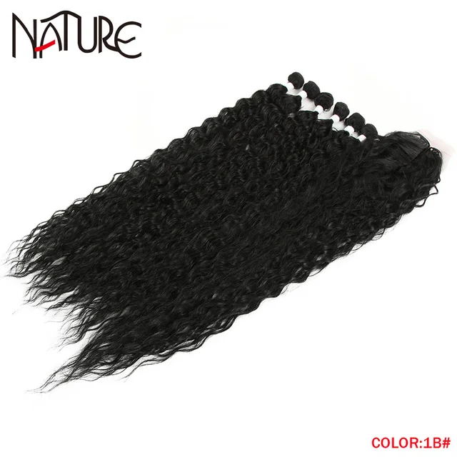 Nature Hair Afro Kinky Curly Hair Bundles Extensions With Closure Ombre Golden 30inch Soft Super Long Hair Synthetic Wave Hair #1B