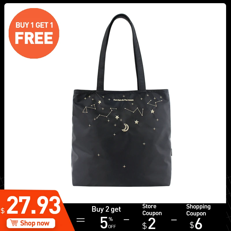 

Flower Princess Women Nylon ShoulderBags Large Capacity Zipper Handbags Moon Stars Embroidery Teenage Girls Travel Hand Bags
