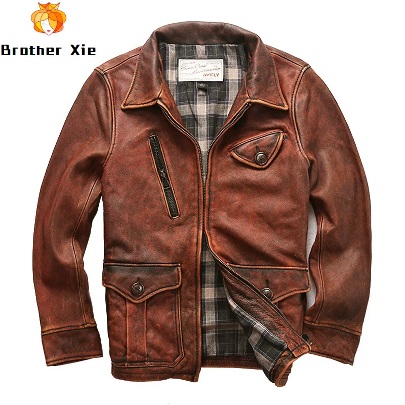 

2020 Vintage Men's Cowhide Leather Jacket Retro Zippers Motorcycle Jackets Genuine Leather Biker Coat for Male