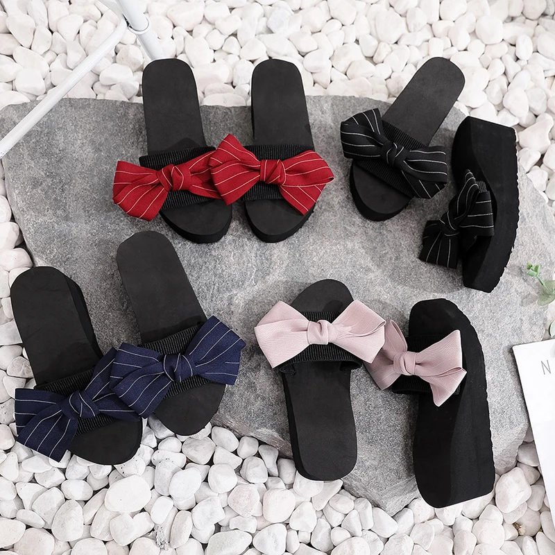 

2020 Women Summer Stripe Beach Sandals Indoor Outdoor Flip-flops Beach Shoes Fashion Female Casual Bow High Heel Slippers