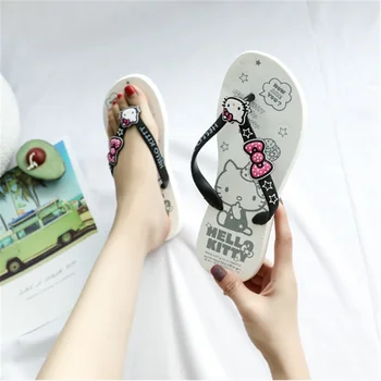 

Hello Kitty Slippers Woman Summer Beach Flip-flops Cute Pink Mickey Flat Slip Outdoor Slides Bows Ladies Slippers Designer Slide