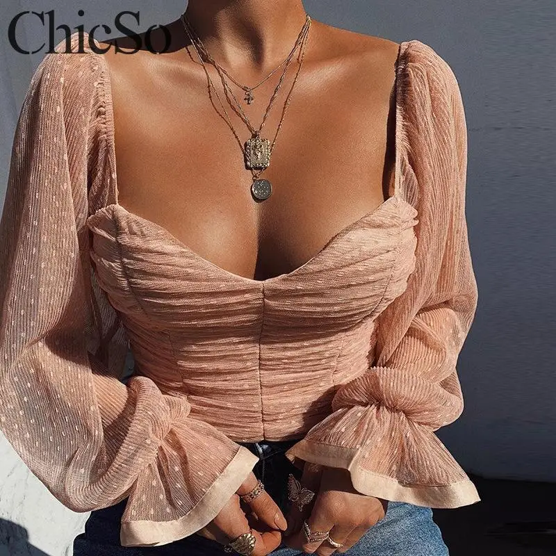 MissyChilli прозрачная сетчатая блузка в горошек для женщин с длинным рукавом bodycon Леди Черный Топ весенние пикантные элегантные вечерние