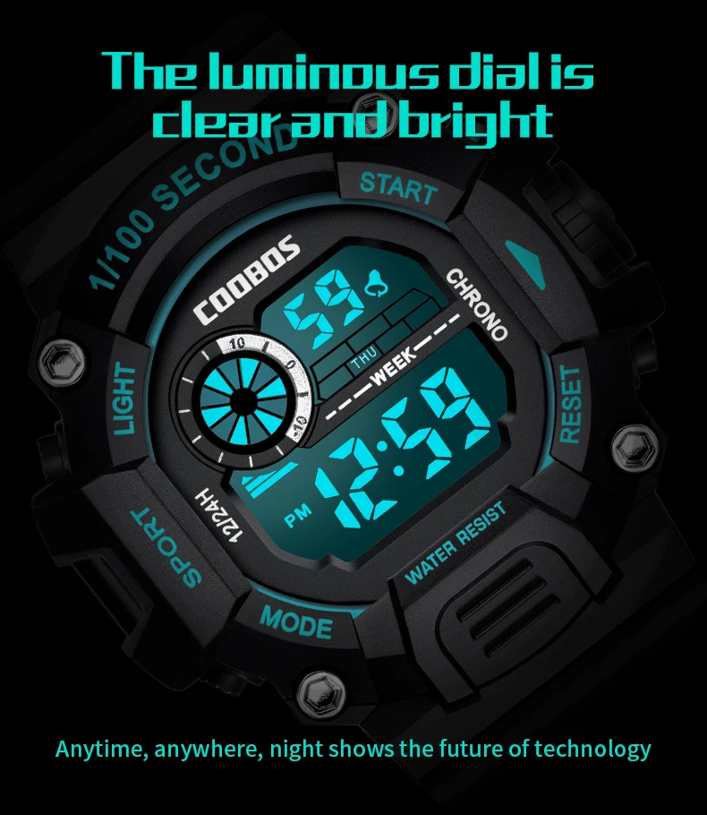 Coobos Men Digital Watch 2022 Birthday Gift Silicone Strap 1/100 Second Sport Clock Green Light Waterproof Wrist Watches for Man