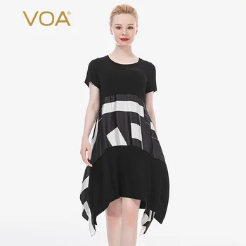 

VOA Ink Black Silk Loose Waist Pullover drePrinted Panel Irregular Hem Round Neck Short Sleeve for Women AJ32D