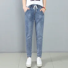 Женские одноцветные джинсы, новинка, Осень-зима, модные, с высокой талией, эластичные, на завязках, с карманами, утепленные, дикие, длинные штаны-шаровары