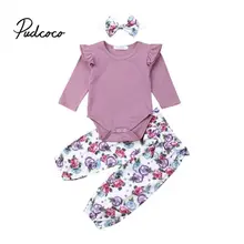 Pudcoco/Детский комплект повседневной одежды из хлопка; комплект из 3 предметов для маленьких девочек; детские штаны с цветочным рисунком+ повязка на голову+ трикотажный комбинезон; комплекты одежды
