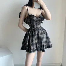

Sexy Spaghetti Strap Dress 2021 Summer Women Harajuku Retro Club Party Sleeveless Plaid Vintage Mini Dresses Girl Female E Girl