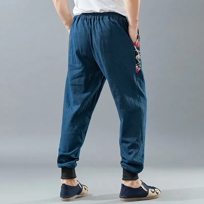 

Spring Thin 100% Linen Men Casual Pants 2020 New Printing Drawstring Full Length Solid Loose Joggers Trousers Male Streetwear