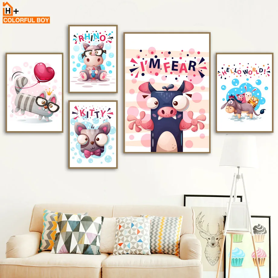 Happy Calf Rhino Pig Kitty Donkey Cartoon Nordic Posters And Prints Wall Art Canvas Painting Print Pictures For Kids Room | Дом и сад