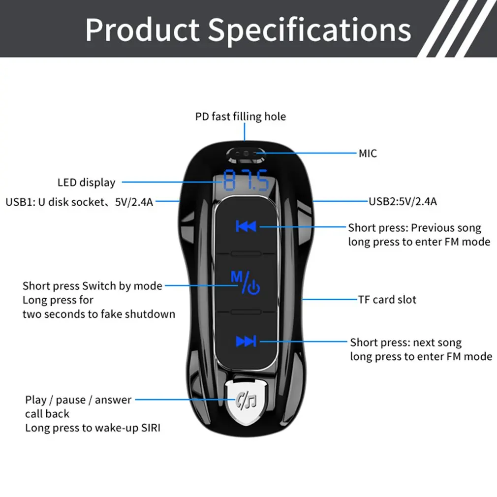 BC55 18 Вт PD 3,0 QC 3,0 Быстрая зарядка USB зарядное устройство беспроводной 5,0 Hands-free автомобильный комплект беспроводной fm-передатчик модулятор