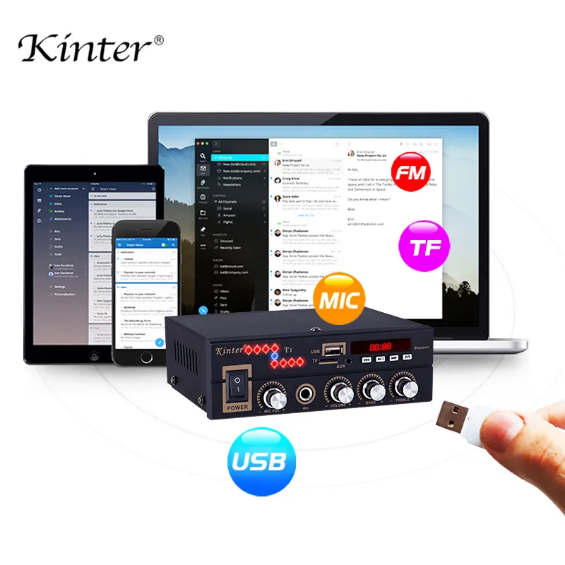 Kinter T1 аудио усилитель воспроизведение MP3 в USB TF карта имеет fm радио и микрофон вход