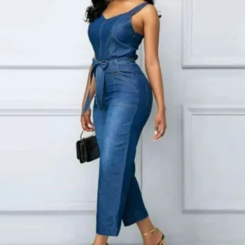 

Summer Sleeveless Suspender Vintage Blue Jeans Denim Casual Long Wide Leg Jumpsuit For Women African Ladies Streetwear Clothes