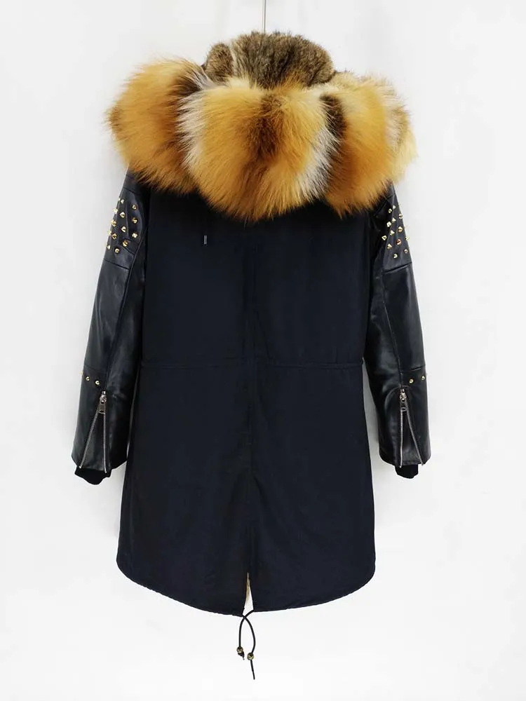 Женская куртка с кожаными рукавами OFTBUY, из овчины с заклепками и натуральным лисьим мехом на воротнике и капюшоне, зимняя длинная парка, верхняя одежда