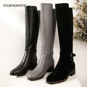 

Genuine Leather Autumn / Winter Gray British Style Round Toe Flat Side Zipper Belt Buckle High Boots Mid Chunky Heel Shoes Women