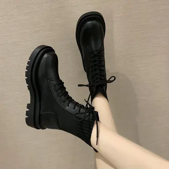 

Knitted boots women's new fall 2020 British style handsome short boots thick bottom lace up motorcycle single boots ins