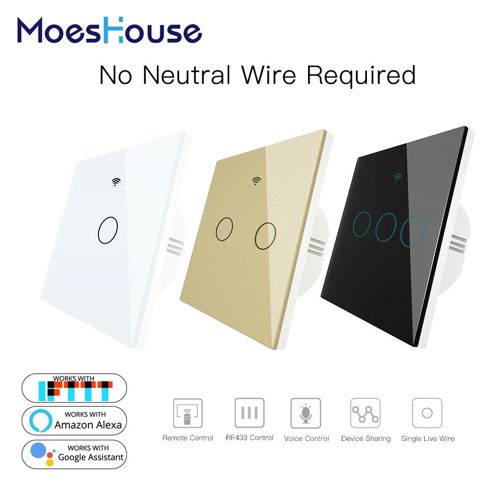 Baratos No se necesita cable Neutral WiFi RF433 interruptor de pared inteligente vida inteligente Tuya Control remoto un solo trabajo de fuego con Alexa