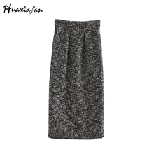 Huaxiafan, женские юбки, в клетку, с разрезом сзади, прямые, для женщин, Осень-зима, элегантная юбка для женщин, в винтажном стиле, стильная, на молнии