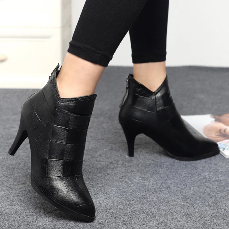 

Rimocy Sexy 7cm Thin High Heels Winter Boots Women Fashion Pointed Toe Leather Shoes Woman Back Zipper Ladies Black Ankle Boots