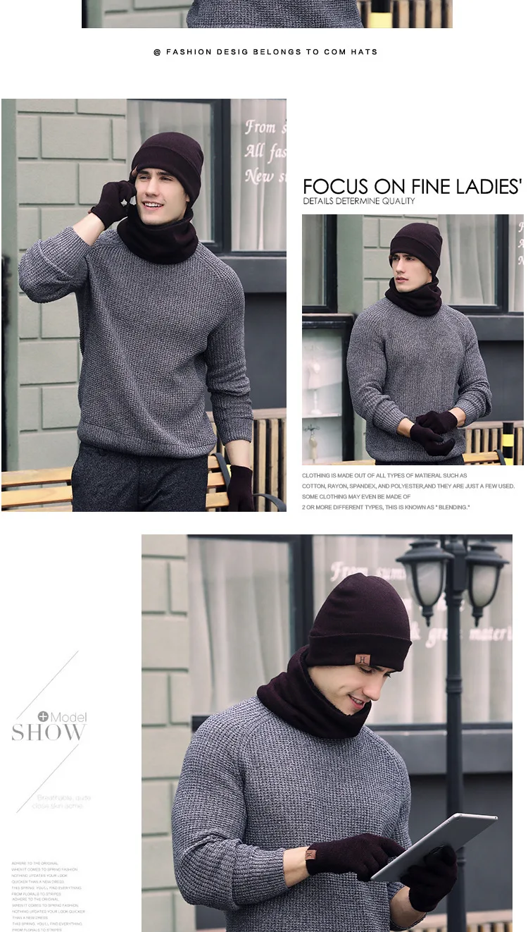 New fashion standard best selling knitted yarn hat scarf gloves three-piece suit winter warm suit men's fashion