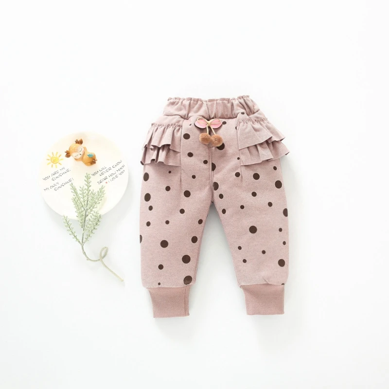 Модные зимние бархатные штаны в горошек с бантом для маленьких девочек г. Теплые брюки детская одежда длинные штаны принцессы S10286 - Цвет: Pink