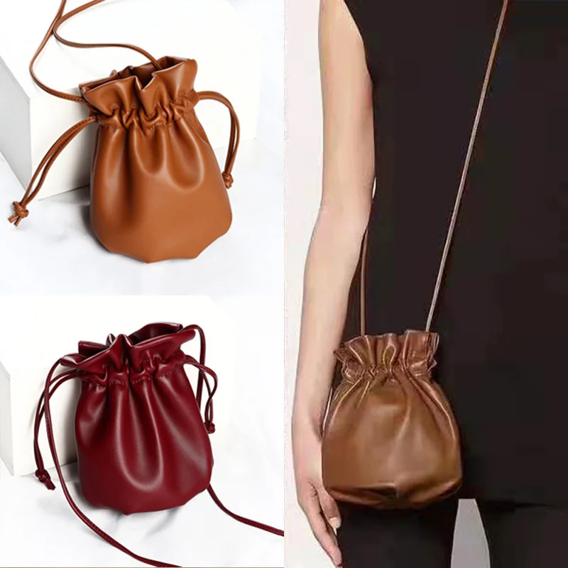 

Women Shoulder Folds Bucket Bag Genuine Leather Crossbody Famous Designer Handbag Drop Shipping High Quality Red Wine Cloud Bag