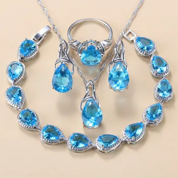 

Silver 925 Wedding Accessories Women Jewelry Sets Sky Blue Zircon Clip Earrings Necklace Bracelet And Ring Sets 6-Colors Jewelry