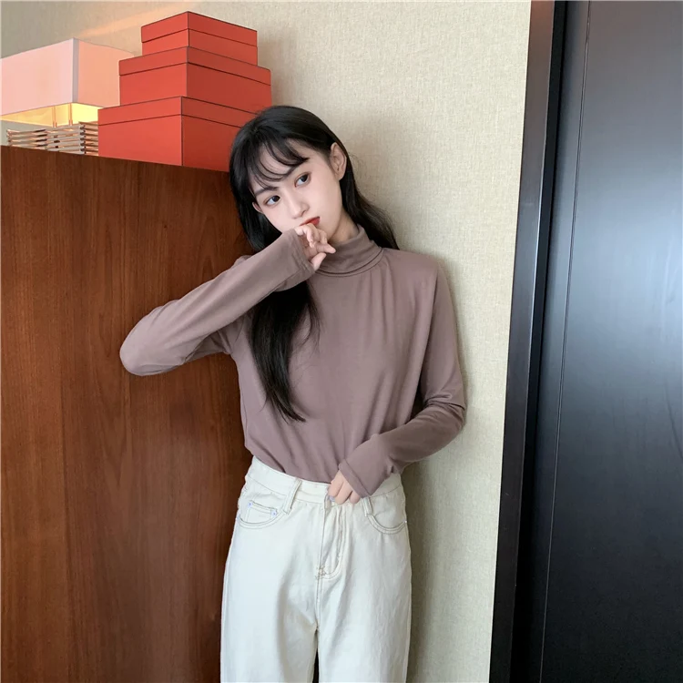 Qiu dong/качественная Стильная однотонная многоцветная Верхняя одежда без подкладки, футболка, Женский Топ с высоким воротом ba