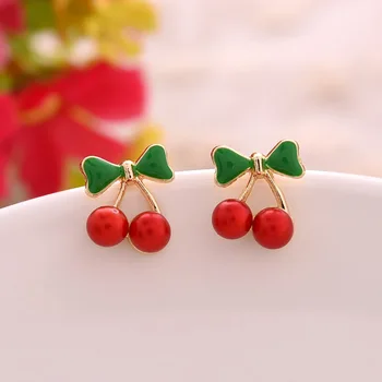 

2019 New Arrivals Hot Women's Fashion Simple Bowknot Earrings Bijoux Red Cherry Simulated-pearl Stud Earrings For Women Jewelry