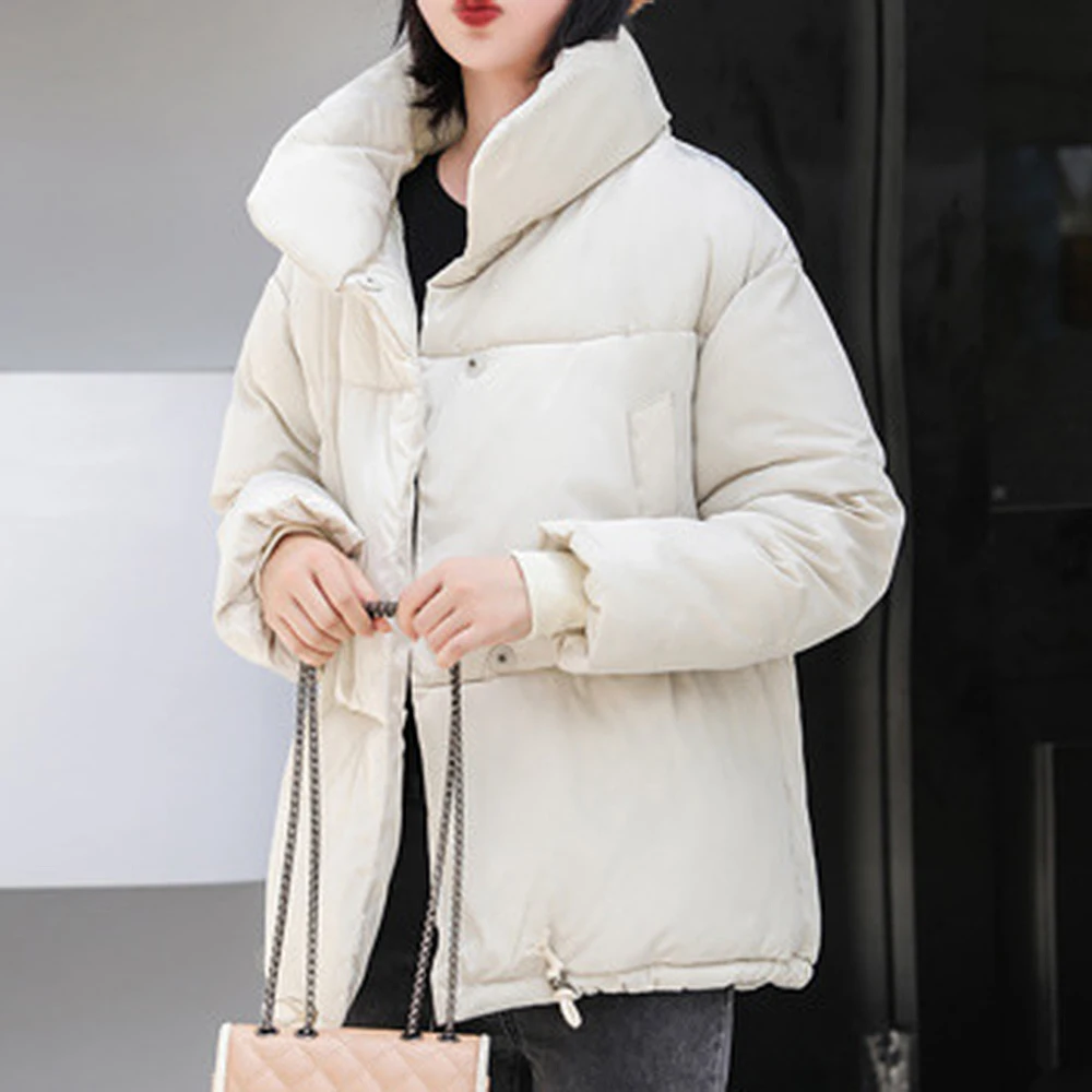 PUIMENTIUA Winter Warm Jacket Women Stand Collar Solid Black White Female Down Coat Loose Womens Plus Size Short Parka New