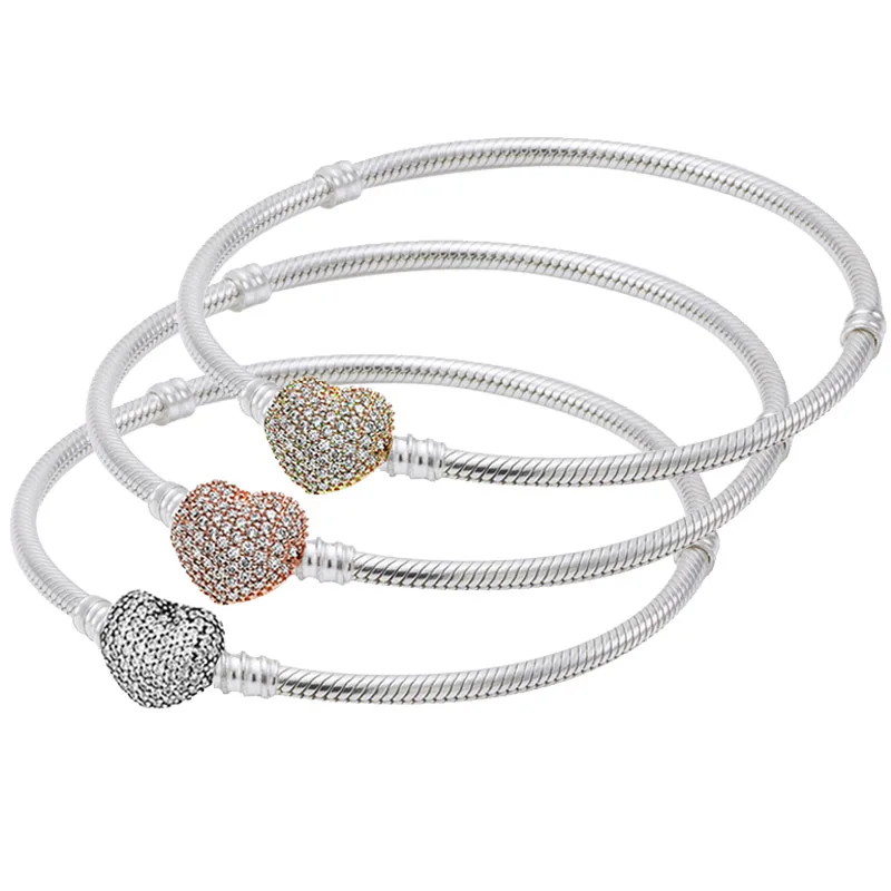 925 пробы серебряный браслет из розового золота с застежкой в виде сердца с кристаллами браслет подходит для шарма из бисера DIY ювелирные изделия