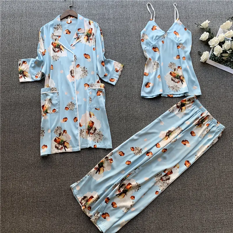 Light blue Пятнистый женский пижамный комплект из 3 предметов, модные пижамы с принтом, кардиган на бретельках, брюки, комплект одежды для сна - Цвет: Light blue