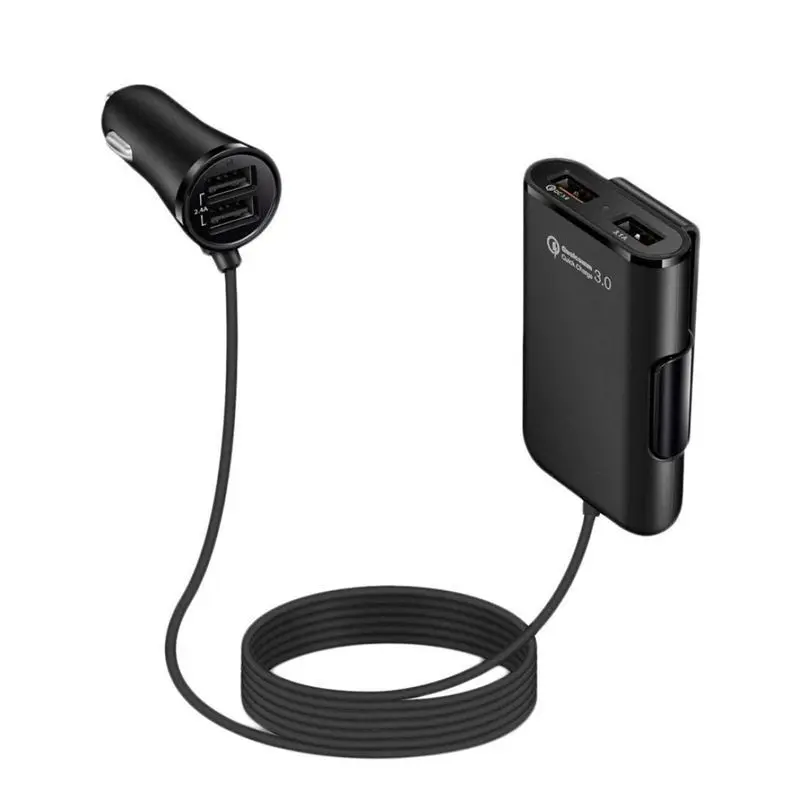 4-Port USB Car Charger HUB Adapter Front Back Seat with 6 Feet Extension Cable 4 in 1 Smart Cell Phone Laptop Outlet Plu |