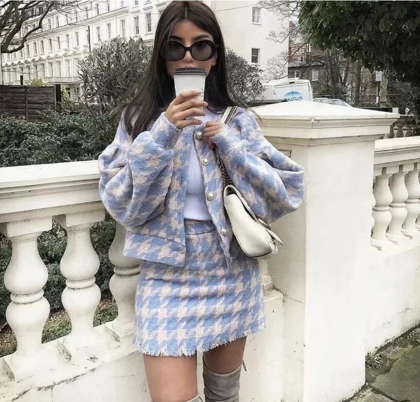 

Sweet Women Pearl Button Check Gingham Plaid Blazer High Waist A line Mini Short Skirts Long Sleeve Suits 2 Pieces Set