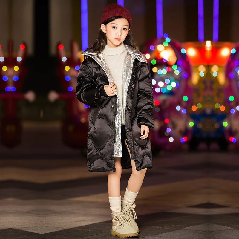 Зимние пальто для девочек Новая длинная хлопковая стеганая куртка для девочек детское зимнее пальто теплое утепленное хлопковое пальто с капюшоном для подростковая одежда - Цвет: black