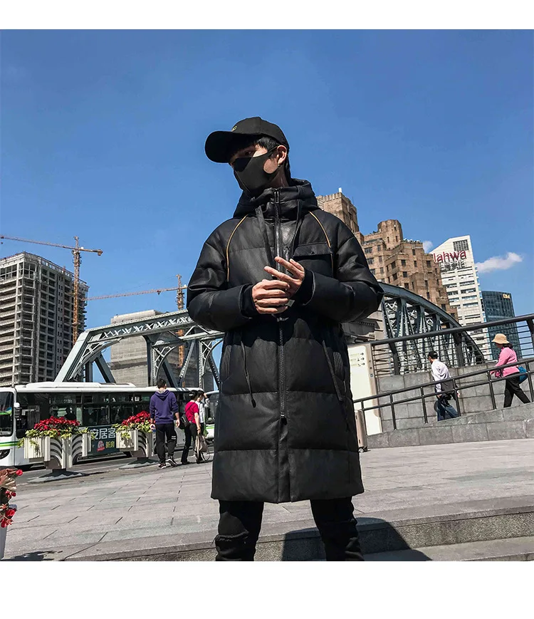 Cotton Coat Leather Coat Men's Mid-length Winter New Style Korean-style Trend Cotton-padded Clothes Fashion Slim Fit Hat PU