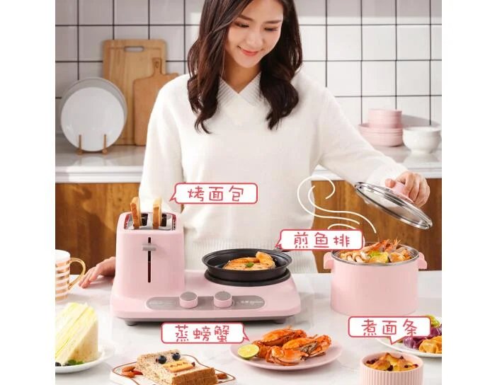 Donlim DL-3405 3in1 Bread maker Coffee roaster household breakfast machine Fried Eggs steamer pan pink diy cooker220-230-240v
