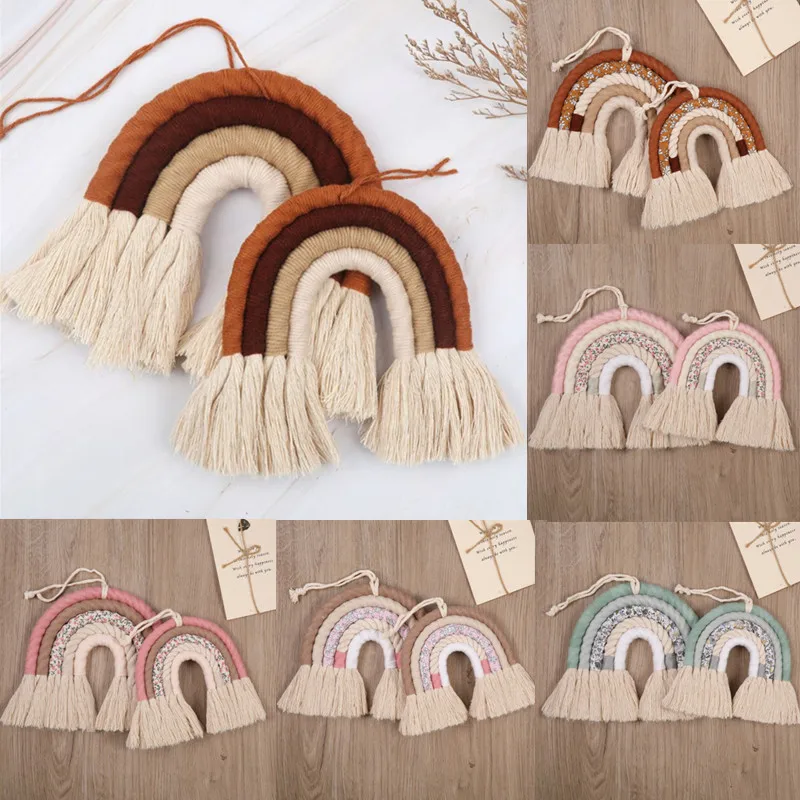 Tapiz de algodón tejido a mano con diseño de arcoíris para decoración del hogar, adornos de colores tejidos a mano para decoración de habitación de niños y niñas, juguete colgante de pared con borla