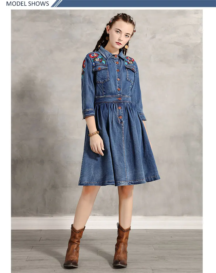 Женское платье Yuzi. may Boho новые джинсовые женские платья с отложным воротником Цветочная вышивка А-силуэта Vestidos A4917