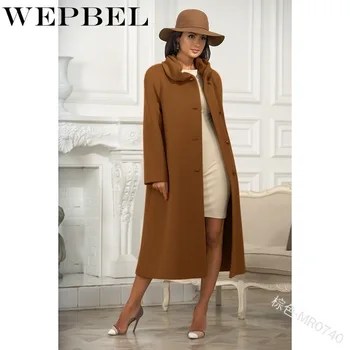 

WEPBEL Women Blend Coat Full Sleeve Solid Color Button Long Woolen Winter Fashion Ladies Female Coats