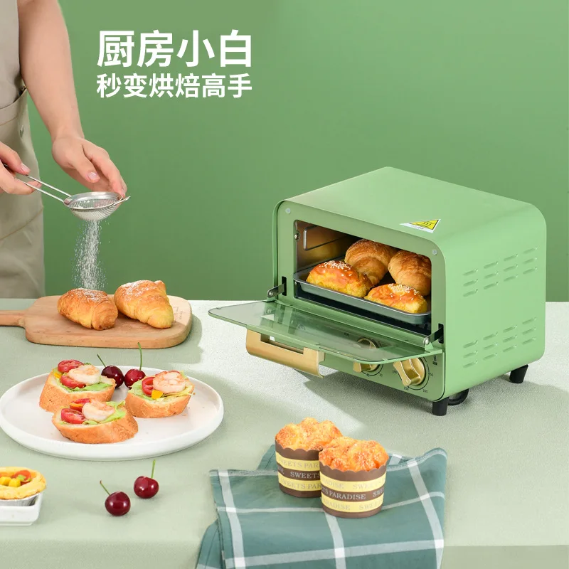 Green 220V 8L 600w Baking electric toaster oven 60min timing 2heating tube Stainless steel Thermostat 262x240x207mm