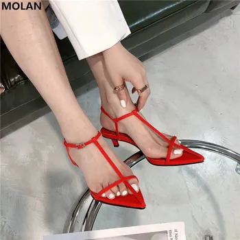 

MOLAN Brand Designers 2020 Summer Luxury Sexy Narrow Band Buckle Strap Pointed Toe Kitten Heels High Quality Lady Sandals Casual