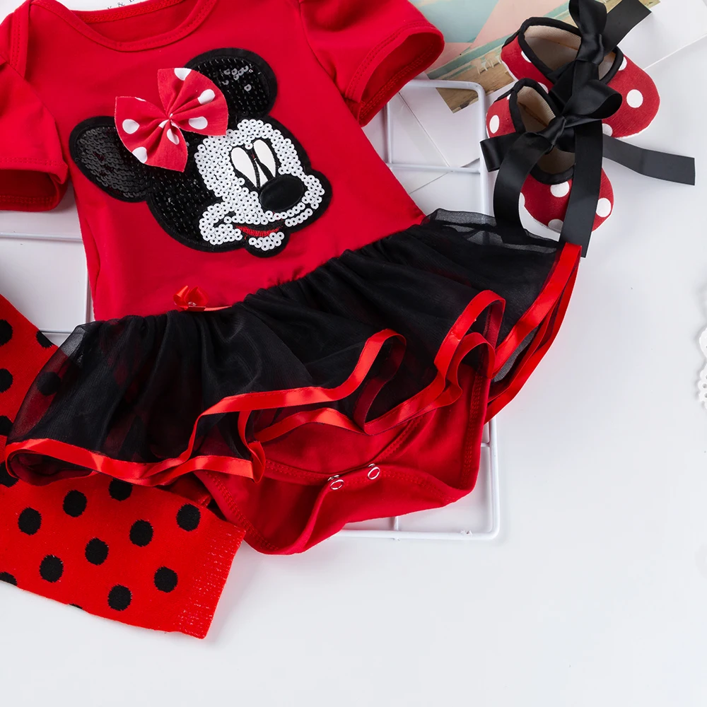 Новинка года; одежда для маленьких девочек с Микки Маусом юбка-пачка для маленьких девочек; обувь повязка на голову; Красный хлопковый комбинезон; комплекты для новорожденных и золотистые оборки