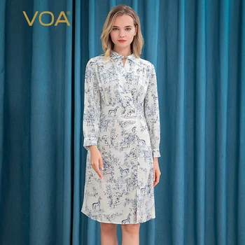 

VOA Silk Printed Lapel Heart Ring Long Sleeve High Waist Slimming Pleated Design Slit Hemline at Hem Dress for Women AX63