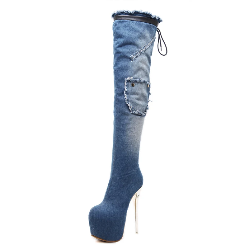 Bottines Femme/женская зимняя обувь синие джинсовые сапоги выше колена женские модные