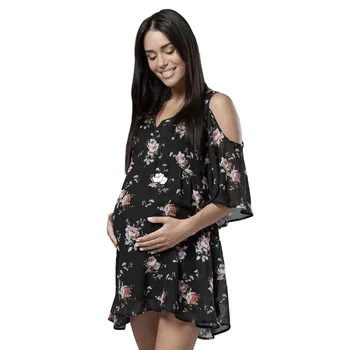 

Fashion Women's maternity dresses Cotton O-neck Beach Sundress Breastfeeding Cut Out Shoulders Floral Dress Free shipping H4