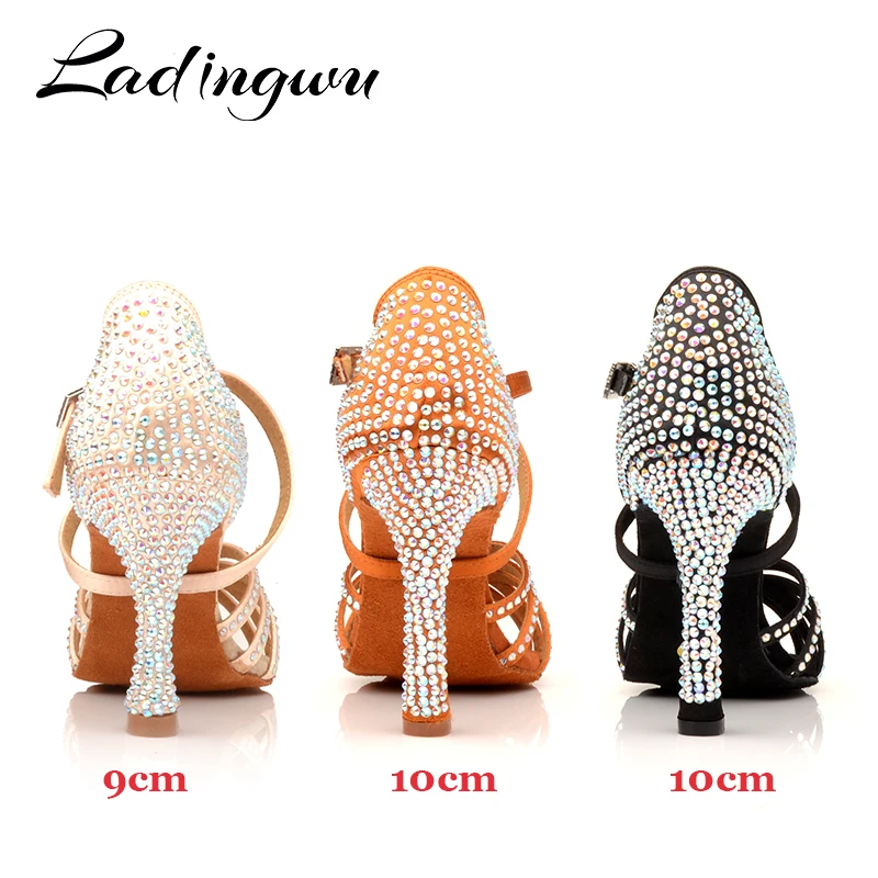 Ladingwu Customized Heel And Color Soft Woman Girls Soft Satin And Rhinestone Latin Salsa Ballroom Dance Shoes For Ladies