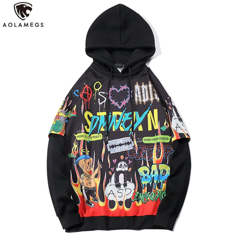 Aolamegs Hoodies Men Hip Hop Letter Print Men Pullover Cartoon Oversize Style Hooded Sweatshirt Lover High Street Streetwear